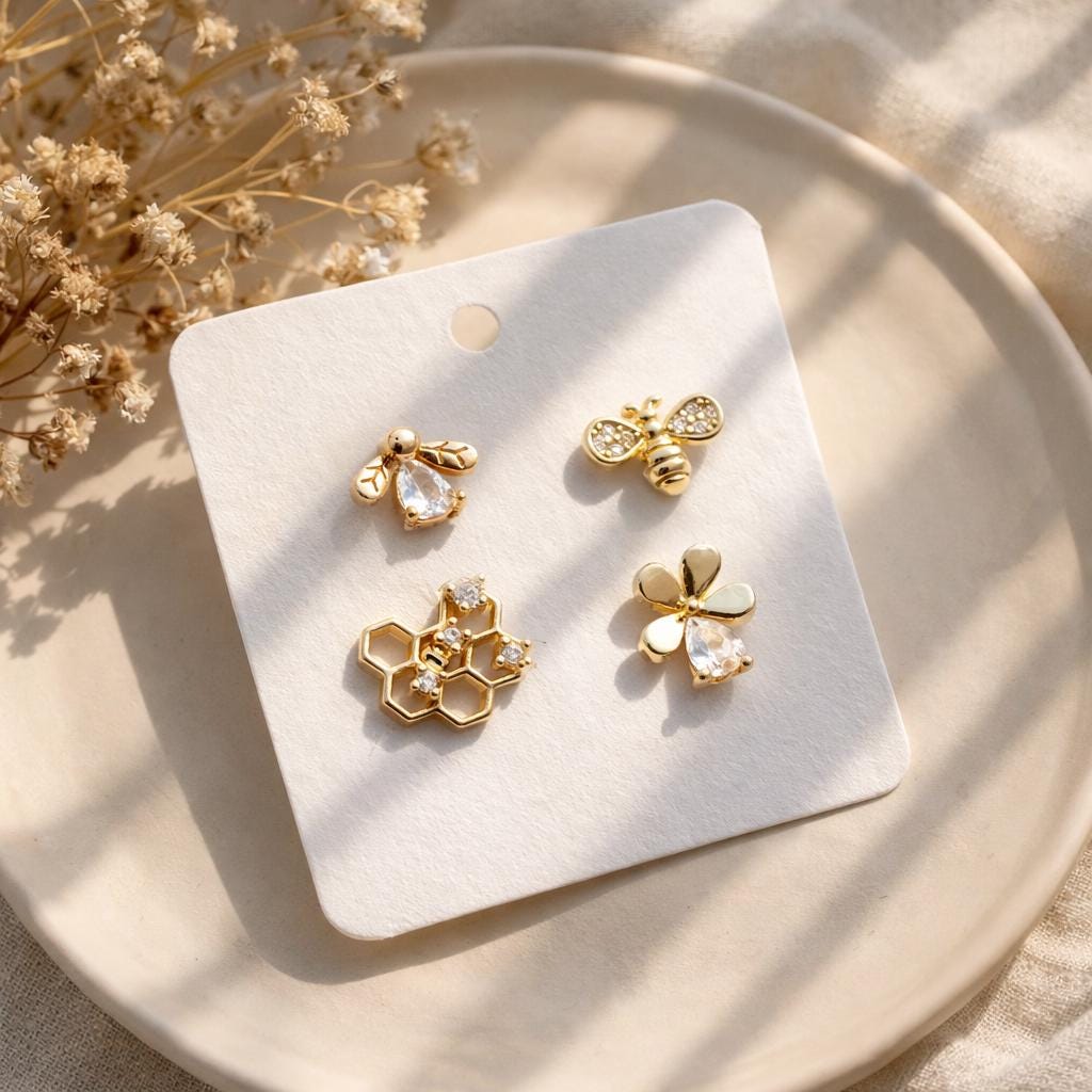 10pcs CZ Pave Gold Flower Bee Honeycomb Earrings, Gold Plated Brass, Dainty Flower Stud Earrings (GB-3896)